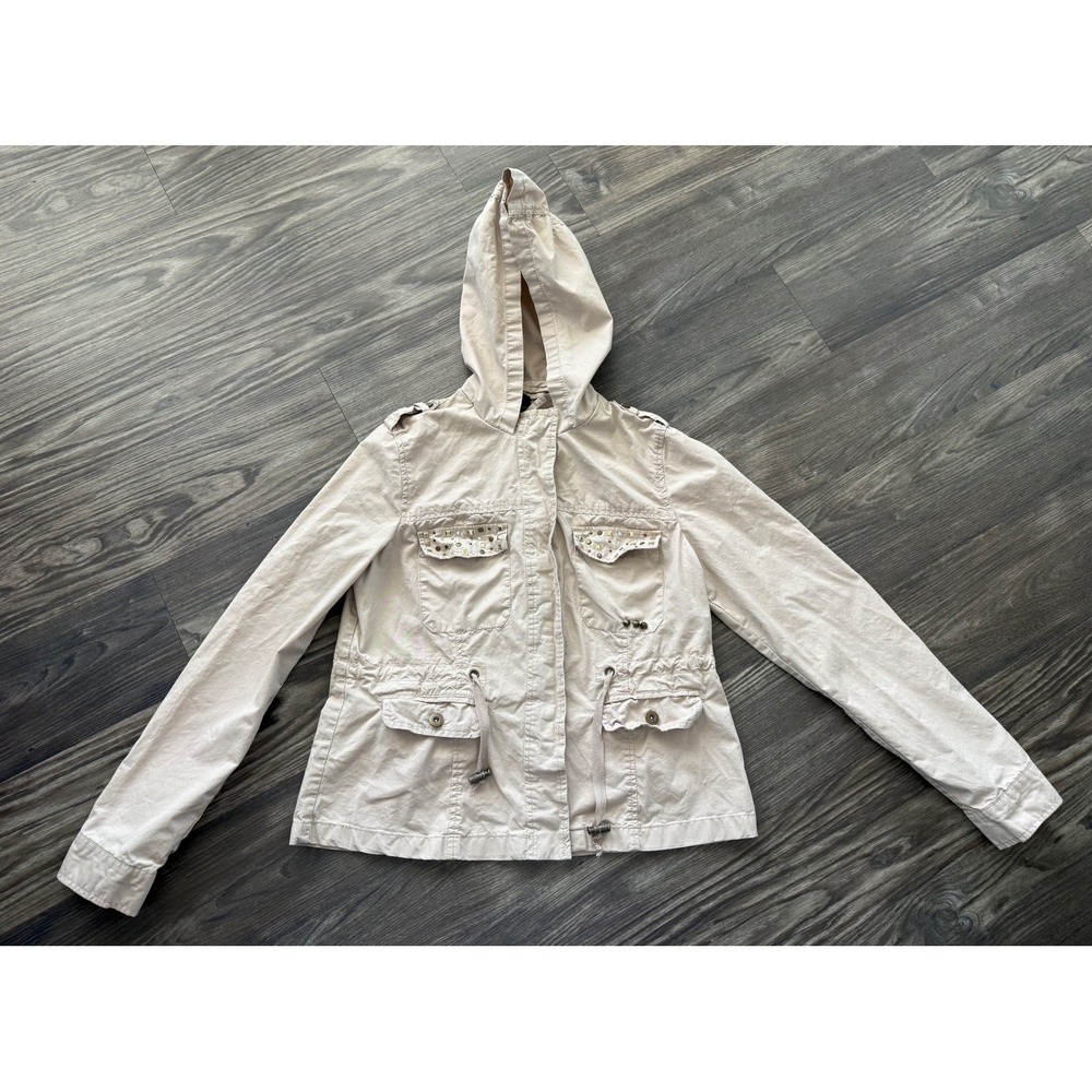 Wet Seal Womens Tan Cotton Utility Hooded Jacket Studded Rhinestone Size L